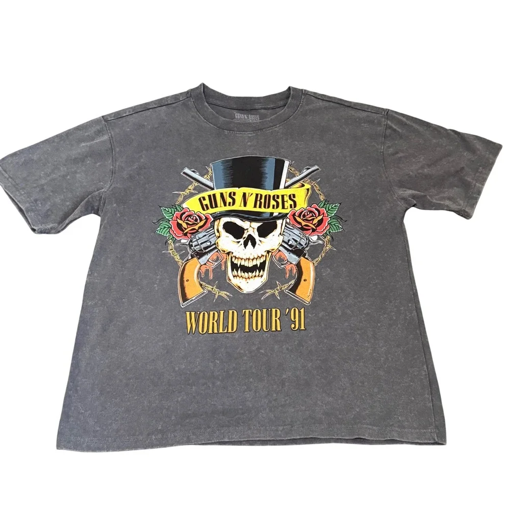 Guns N‎ Roses World Tour 91 Graphic Tee Charcoal Grey Mineral Wash Shirt Medium